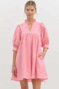 Main Attraction 3/4 Puff Sleeve Dress in Neon Pink