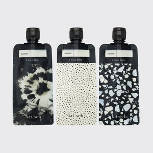 Kitsch Refillable Travel Pouches 3pc Set Black & Ivory